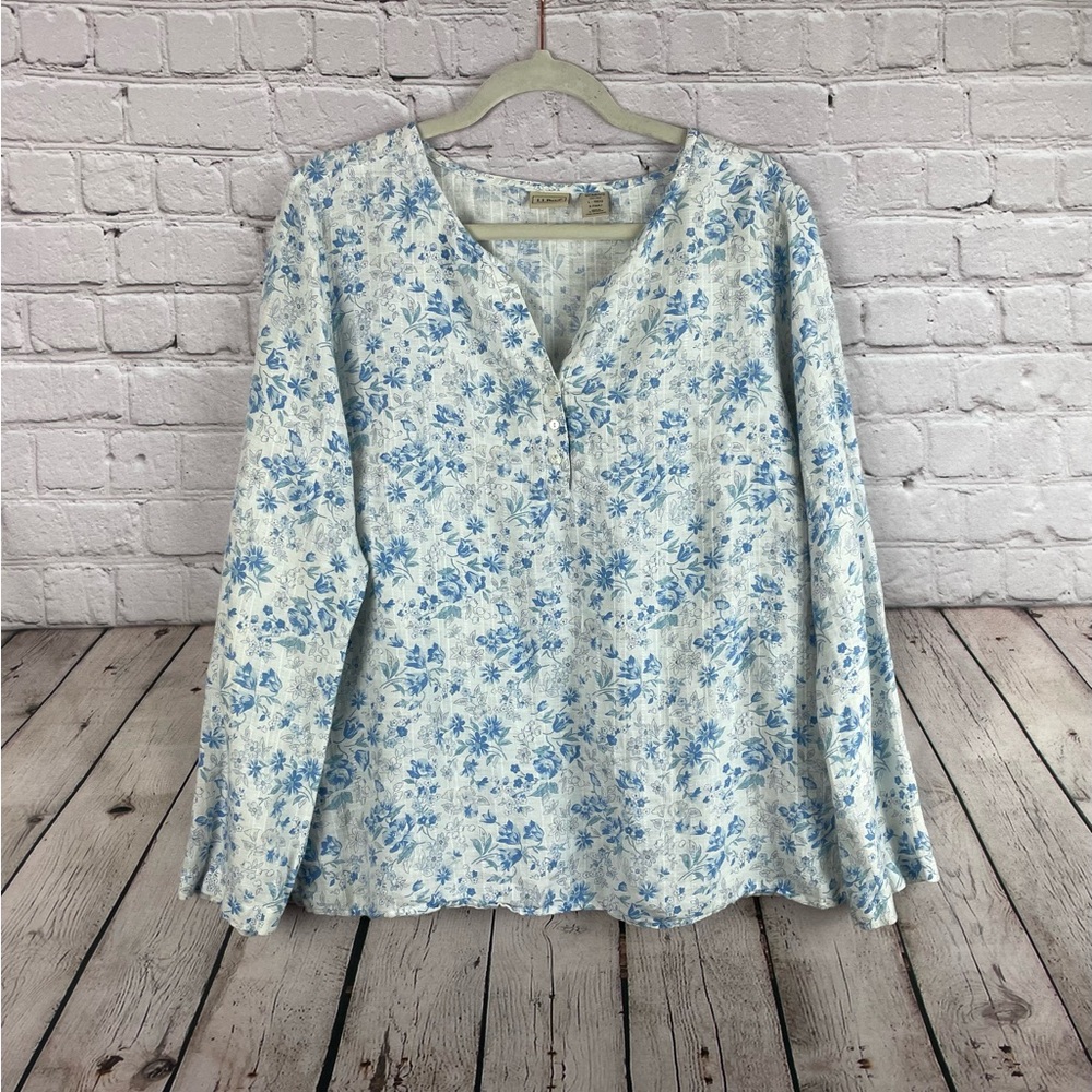 LL Bean Size Large Cottagecore Floral 100% Linen Lightweight Top Blouse EUC